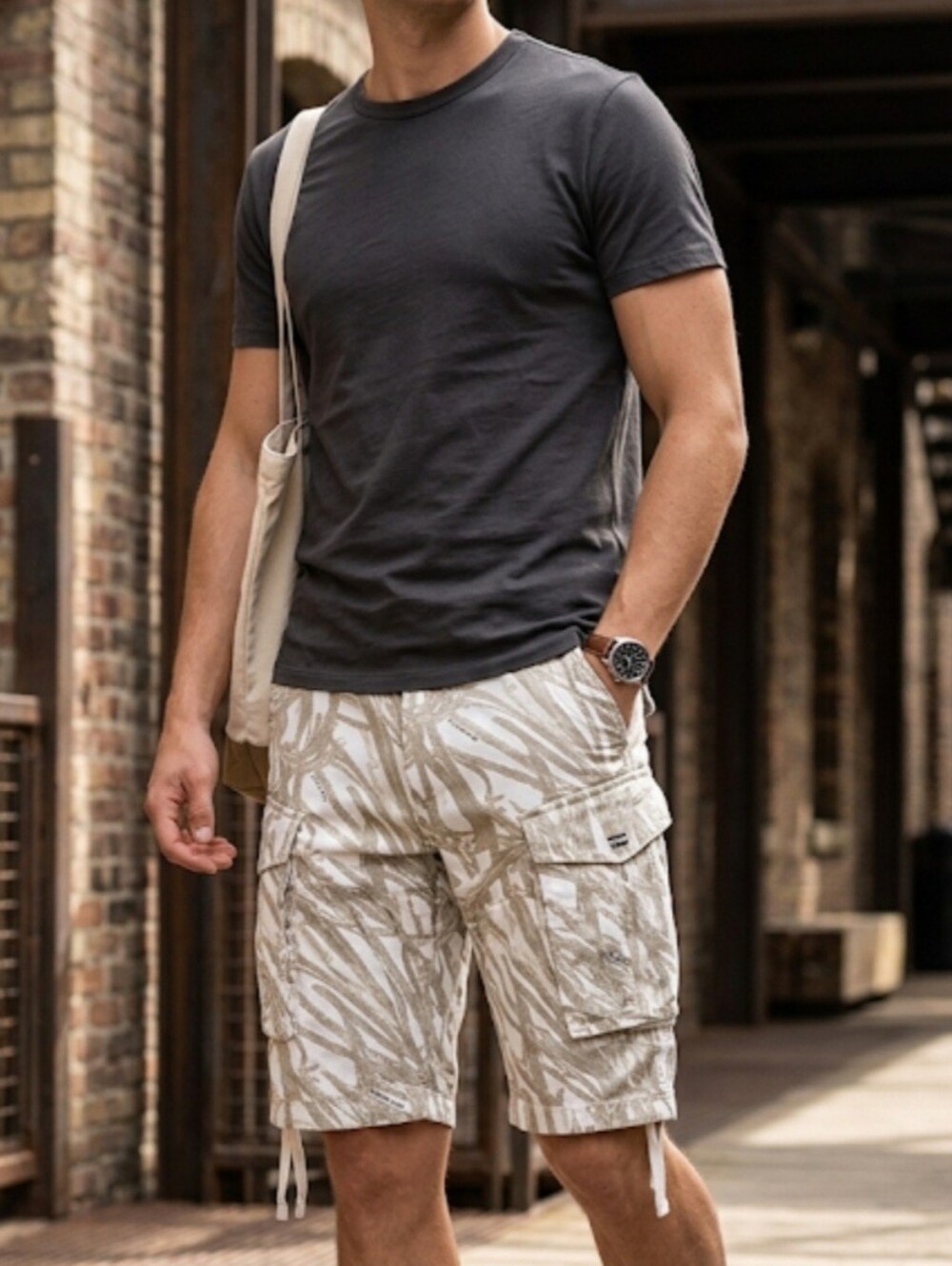G-Star Raw Men's White and Beige Patterned Cargo Shorts